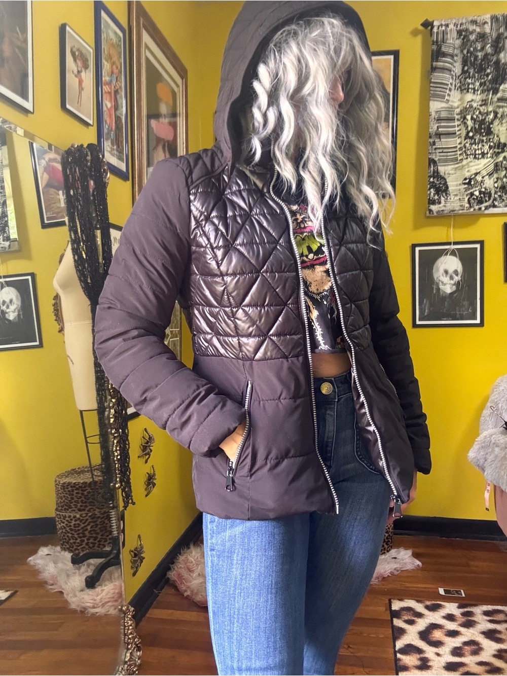 Marc New York Black Quilted Fitted Puffer Hoodie Jacket X Small